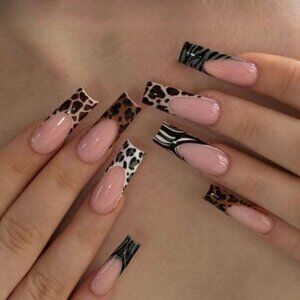 24pcs Long Square Colorful Animal Print French Manicure - Press-On Nails New